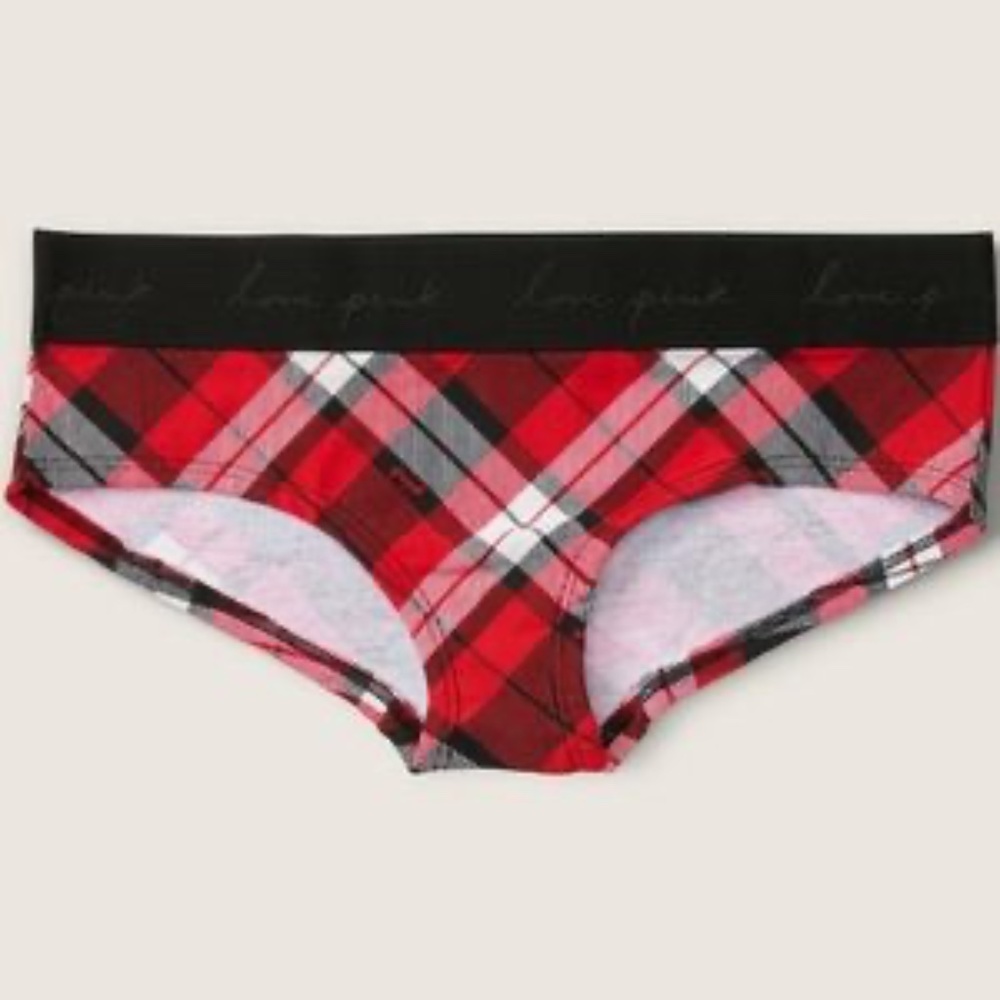Victoria's Secret PINK Logo Hipster Panty Red Plaid Medium NEW